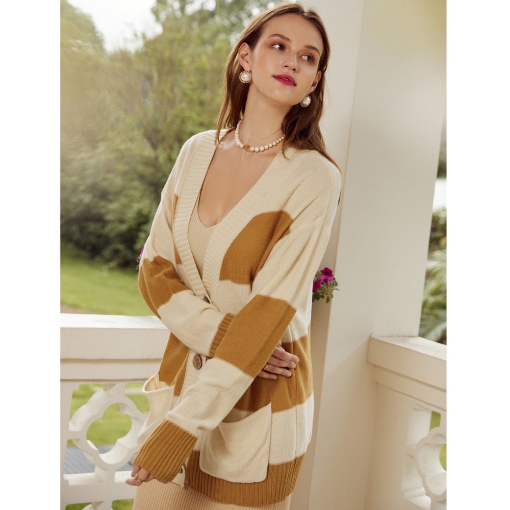 🎥 Colorblock Long V-Neck Cardigan with Pockets - Picture 11 of 17